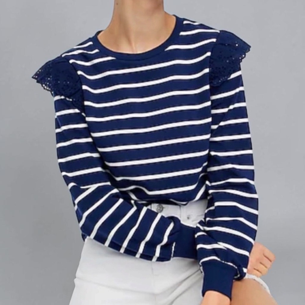 J. Crew Eyelet Ruffle Sweatshirt Navy White Striped Top Women's XL Long Sleeve